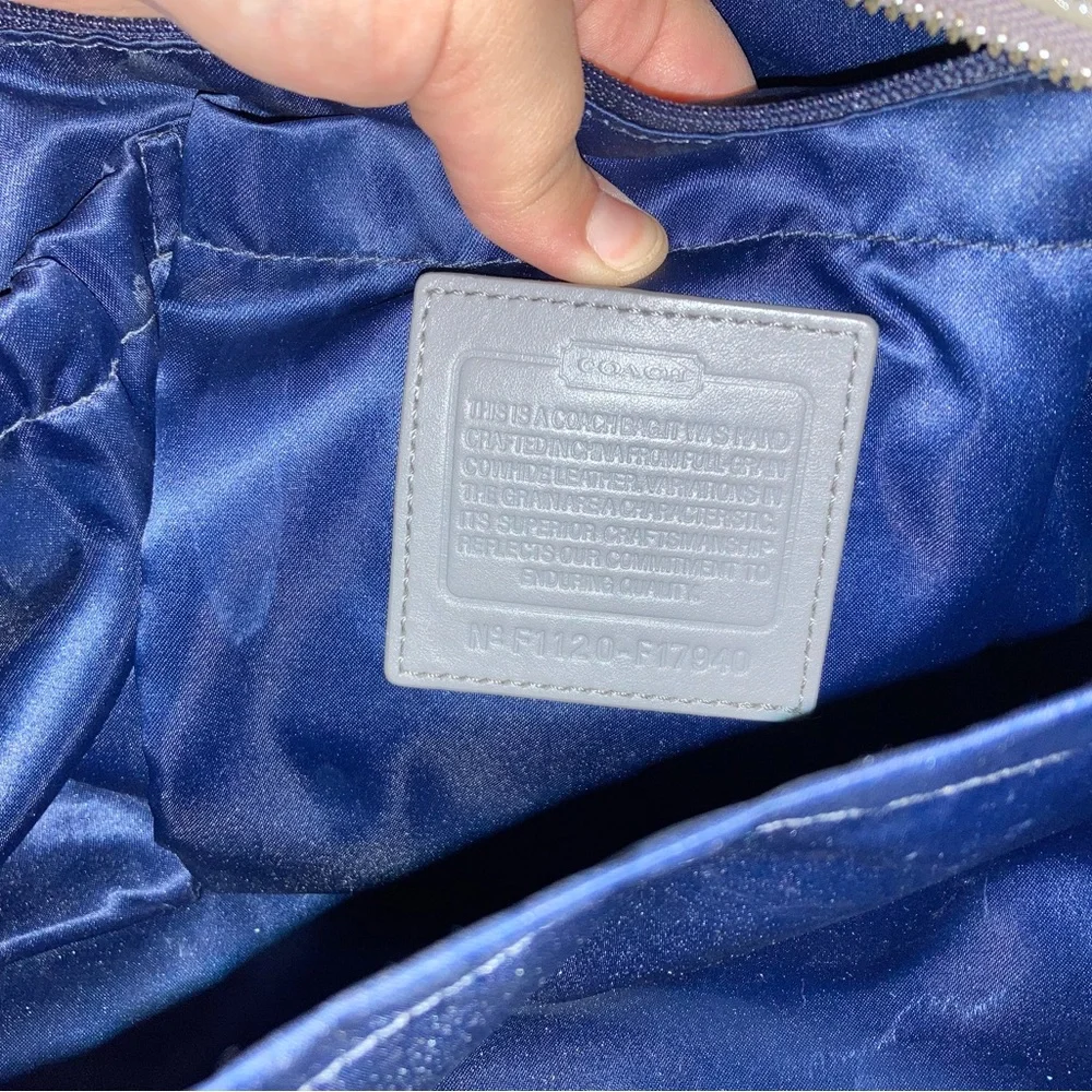 coach baby diaper bag tote pewter grey leather navy blue fabric lined interior